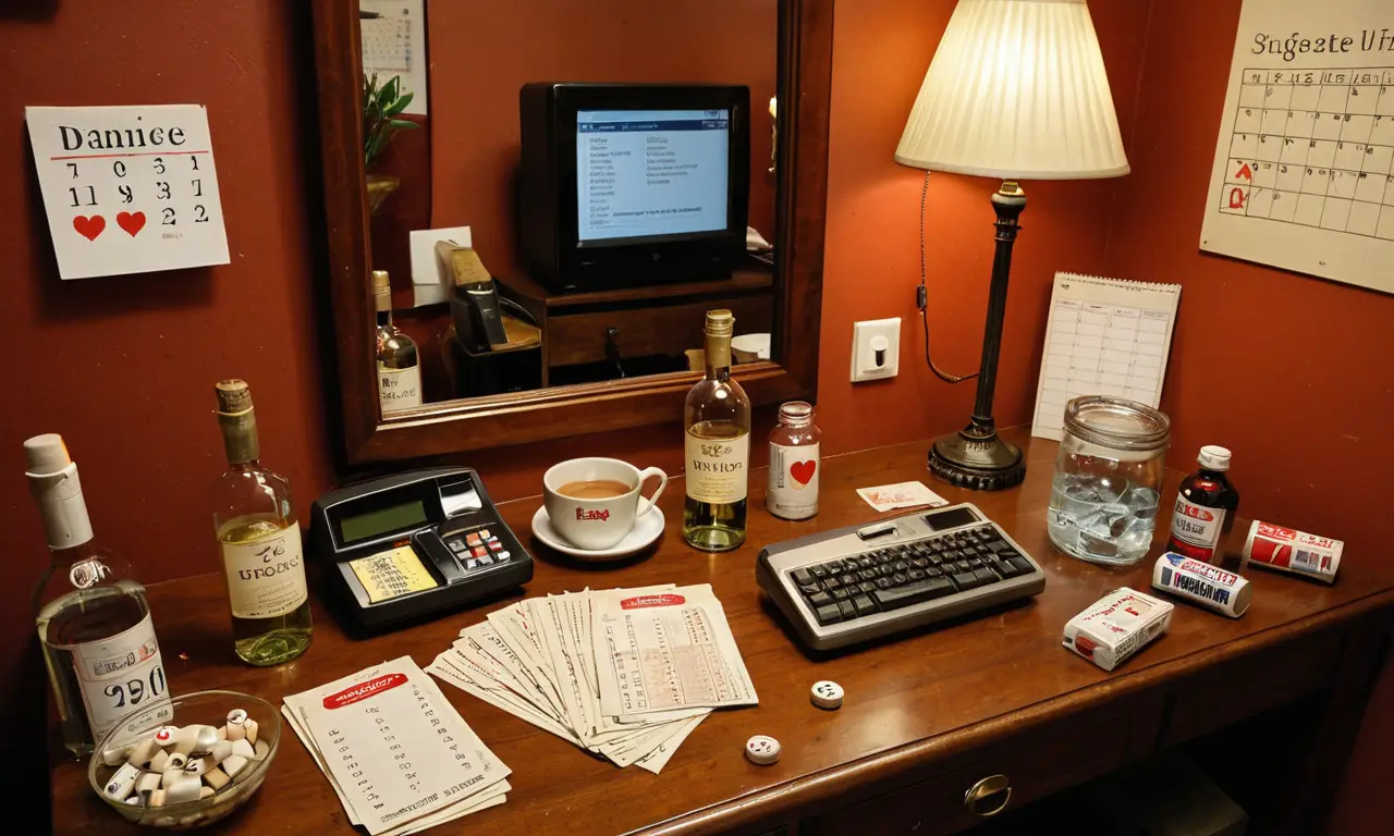 <think>
Okay, the user wants a description of a wallpaper about Addiction to 10 Types of Addictions: Substances, Behaviors, and Emotions Affecting Health. They specified it should be extremely long, filled with many short visual phrases like details in a photograph, focusing only on imagery and objects. No explanations or comments, just one line in English with short sentences separated by commas.</p>
<p>First, I need to break down the main elements: substances, behaviors, and emotions. Each category has different aspects. For substances, maybe things like pills, syringes, bottles. Behaviors could involve actions like gambling, gaming, shopping. Emotions might be represented through symbols like crying faces, stressed people. </p>
<p>I should think of visual elements that symbolize each addiction type. Maybe a cluttered room with various objects. Use vivid imagery to describe each item. Make sure each phrase is a short visual detail. Avoid any words that explain the meaning, just the images. </p>
<p>Need to ensure the description is extremely long, so include many details. Maybe start with the setting, then each addiction type with specific objects. Use adjectives to make it vivid. Check that each part is a separate visual phrase, separated by commas. Avoid any markdown, just plain text. Make sure its all in English and one line. Let me piece it together step by step, ensuring each element is covered without explanations.
</think>
<p>Una habitación desordenada con botellas de medicamentos, una pantalla brillante mostrando scroll infinito, un espejo roto reflejando una cara estresada, un cigarrillo ardiendo en un cenicero, una máquina tragamonedas girando, una cesta de compras rebosante de paquetes vacíos, un corazón de vidrio con líquido rojo, un calendario con fechas tachadas, una mano agarrando una boleta de lotería, un teclado con teclas pegajosas, una cara con lágrimas, un café con mancha de labial, una báscula inclinada, una red de cables enredados, una cara con maquillaje, una vela ardiendo en un frasco, una pila de correos sin leer, una puerta cerrada con llave en el suelo, una planta marchita, un calendario con una X roja en cada día, una mano alcanzando un chocolate, un espejo mostrando una reflexión distorsionada, una pantalla de teléfono con luz de notificación, una caja de botellas vacías, una cara con marcas de lágrimas, un reloj mostrando 3:00 AM, una mano sosteniendo una boleta de lotería, una pantalla de computadora con cursor parpadeante, una cara con ceño fruncido, un vaso de vino con una aceituna, una pila de facturas con sello rojo, una cara con sonrisa, un vaso de agua con una gota, una pila de mensajes sin leer, una cara con marca roja, un teléfono con luz de notificación, una mano sosteniendo una boleta de lotería, una pantalla de computadora con cursor parpadeante, una cara con ceño fruncido, un vaso de vino con una aceituna, una pila de facturas con sello rojo, una cara con sonrisa, un vaso de agua con una gota, una pila de mensajes sin leer