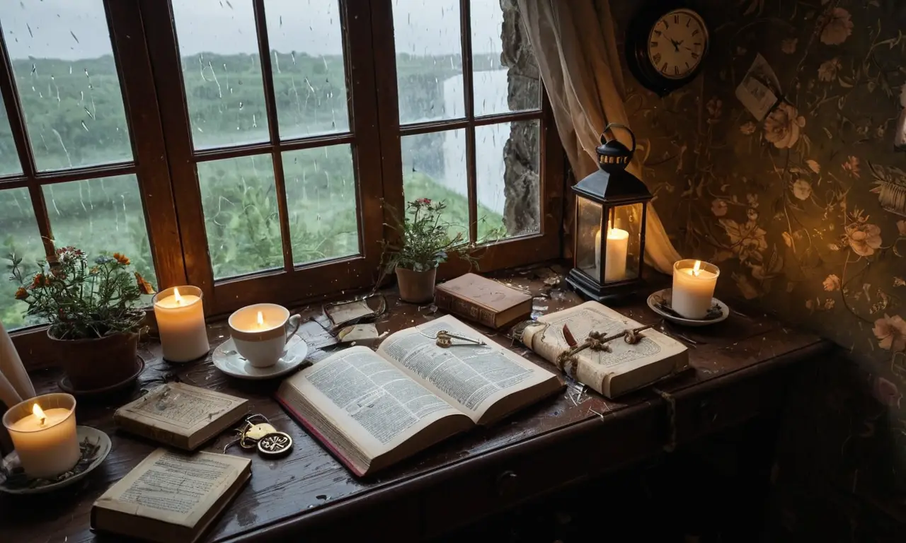 <think>
</think>
<p>Un escritorio con papeles esparcidos, un espejo roto reflejando nubes tormentosas, una ventana con gotas de lluvia, una planta creciendo entre el concreto, una vela ardiendo con luz titilante, un diario con manchas de tinta, un reloj con manecillas enredadas, una taza de té con vapor ascendente, una mano sosteniendo una pluma, un libro abierto en una página en blanco, una sombra estirándose por el suelo, una llave sobre un tapete, una ventana con telarañas, una linterna brillando en la oscuridad, una fila de sillas vacías, una brújula girando sin rumbo, un mapa con líneas desvanecidas, un colgante en forma de corazón, un montón de cartas con bordes rotos, un jardín con flores marchitas, un pájaro volando a través de una tormenta, un puente sobre un río oscuro, una linterna colgando de un árbol, una puerta entreabierta, una figura sombría en la esquina, un reloj con números faltantes, un espejo mostrando una reflexión diferente, un libro con páginas cayendo, una taza de té con manija rota, una mano alcanzando un interruptor, una ventana con cortina ondeando