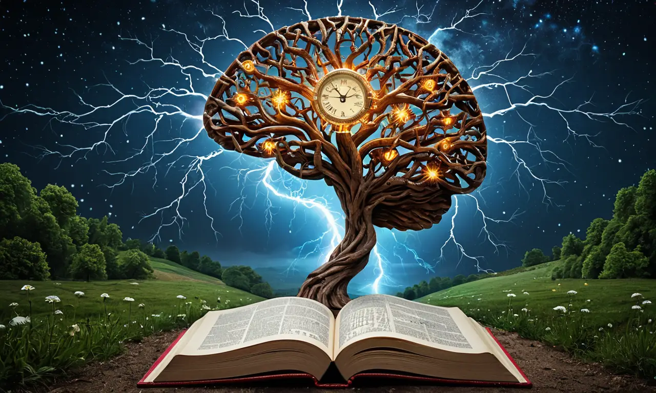 <think>
</think>
<p>Un cerebro con neuronas brillantes, una balanza que equilibra rojo y azul, un cruce de caminos con árboles creciendo de grietas, una brújula apuntando entre dos espejos, un reloj con engranes derretidos, un río que fluye a través de un laberinto de luz, un corazón en forma de circuito, una figura sombría con dos rostros, uno sonriente y otro calculando, un libro abierto a una página con hilos entrelazados, un puente hecho de huesos y vidrio, una nube tormentosa con rayos en forma de cerebro, un jardín de flores brillantes con raíces como ecuaciones, una ave con alas hechas de páginas, una puerta con llave en forma de neurona, una escalera espiral que lleva a un vacío estrellado, una mano sosteniendo un lupa sobre un cerebro brillante