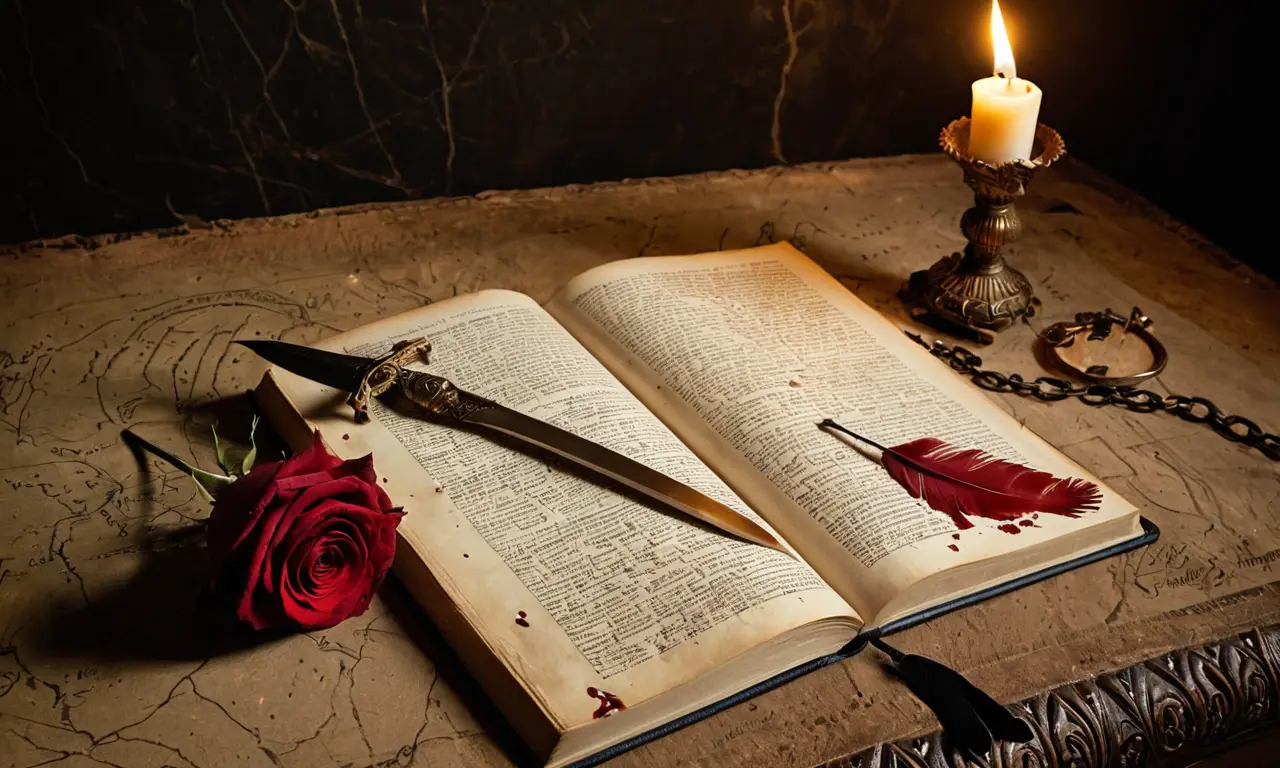 <think>
</think>
<p>Un lienzo oscuro con un scroll de pergaminos rojizos, una daga clavada en una piedra, una figura sombría con corona de espinas, un reloj roto, una serpiente alrededor de una cadena rota, una llama en una taza de tinta, una rosa roja en una página, un reloj de arena vacío, una pluma escritura en el aire, una cara en la tinta, una corona con un diamante rojo, una pluma en un charco de sangre, una sombra que se desvanece en la oscuridad