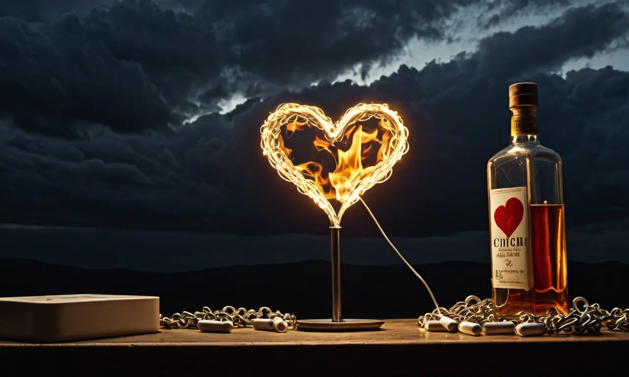 <think>
</think>
<p>Un retrato de una pared de papel tapiz con 10 tipos de adicciones representadas por objetos y símbolos visuales: una botella de alcohol con etiqueta rota, una caja de pastillas vacía, una máquina tragaperras brillante, un teléfono con notificaciones, una cesta de compras llena, un control de consola, un corazón roto con sangre, nubes negras, un espejo con múltiples rostros, una llama roja, una cadena alrededor de un corazón, un reloj con manecillas rotas, una pantalla de computadora con scroll infinito, un billete arrugado, una mano extendida, un rostro en sombra, hilos entrelazados, una balanza desequilibrada, una puerta con candado roto